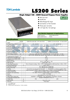 LS200-15 datasheet - Single Output 150 - 200W General Purpose Power Supplies