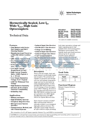 HCPL-5700-200 datasheet - Hermetically Sealed, Low IF, Wide VCC, High Gain Optocouplers