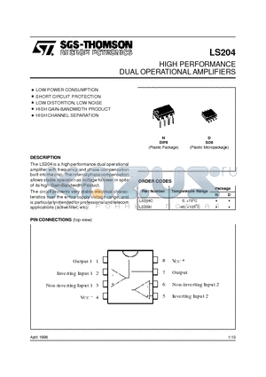 LS204 datasheet - HIGH PERFORMANCE DUAL OPERATIONAL AMPLIFIERS