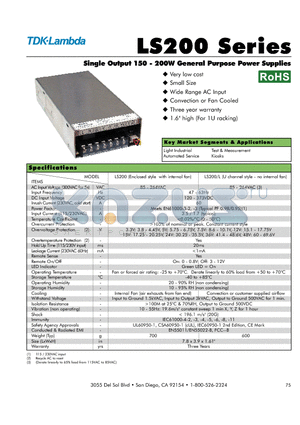 LS200-5 datasheet - Single Output 150 - 200W General Purpose Power Supplies