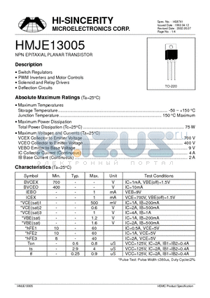 HMJE13005 datasheet - NPN EPITAXIAL PLANAR TRANSISTOR
