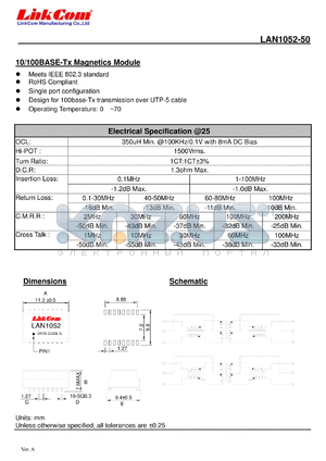 LAN1052-50 datasheet - 10/100BASE-Tx Magnetics Module