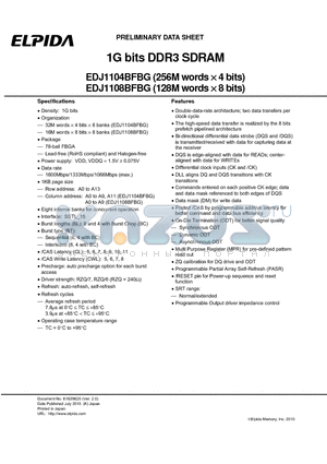 EDJ1108BFBG-GN-F datasheet - 1G bits DDR3 SDRAM