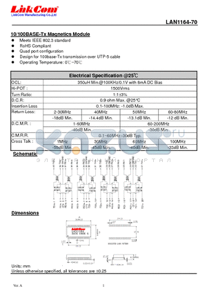 LAN1164-70 datasheet - 10/100BASE-Tx Magnetics Module
