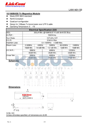LAN1401-50 datasheet - 10/100BASE-Tx Magnetics Module