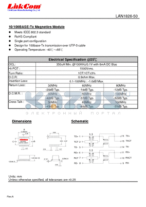 LAN1826-50 datasheet - 10/100BASE-Tx Magnetics Module