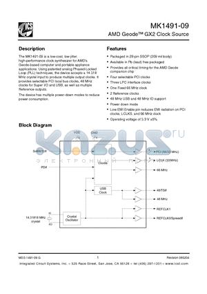MK1491-09FLNTR datasheet - AMD Geode GX2 Clock Source