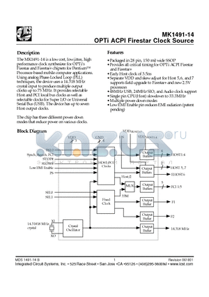 MK1491-14 datasheet - OPTi ACPI Firestar Clock Source