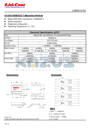 LAN3013-50 datasheet - 10/100/1000BASE-T Magnetics Module