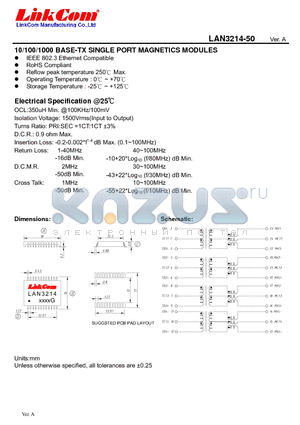 LAN3214-50 datasheet - 10/100/1000 BASE-TX SINGLE PORT MAGNETICS MODULES