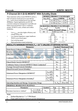 MC6701 datasheet - P-Channel 20-V (D-S) MOSFET With Schottky Diode