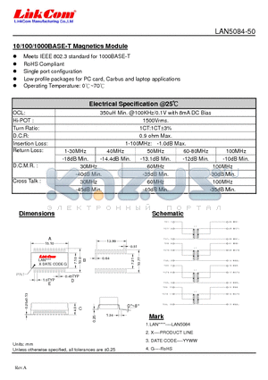 LAN5084-50 datasheet - 10/100/1000BASE-T Magnetics Module