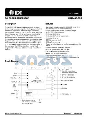 MK1493-03BGILFTR datasheet - PCI CLOCK GENERATOR