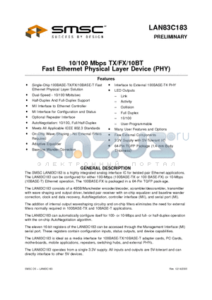 LAN83C183 datasheet - FAST ETHERNET PHYSICAL LAYER DEVICE