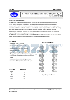 HMN12816D datasheet - Non-Volatile SRAM MODULE 2Mbit (128K x 16-Bit), 40pin-Dip, 5V