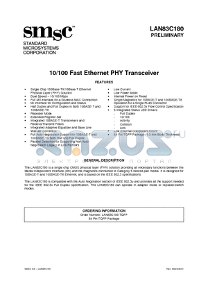 LAN83C180 datasheet - 10/100 Fast Ethernet PHY Transceiver