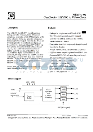 MK1573-02 datasheet - GenClock HSYNC to Video Clock