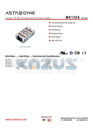 MK150S-12 datasheet - Compact 150 Watt Enclosed Switching Power Supplies