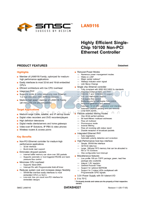 LAN9116 datasheet - Highly Efficient Single-Chip 10/100 Non-PCI Ethernet Controller