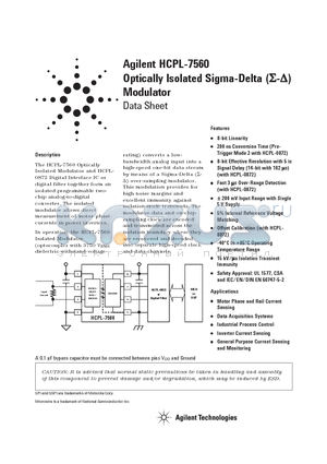 HCPL-7560-300 datasheet - Optically Isolated Sigma-Delta Modulator