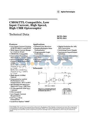 HCPL-7611 datasheet - CMOS/TTL Compatible, Low Input Current, High Speed, High CMR Optocoupler