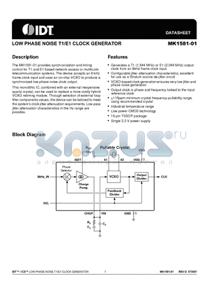 MK1581-01GITR datasheet - LOW PHASE NOISE T1/E1 CLOCK GENERATOR