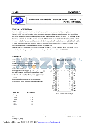 HMN1288DV-85 datasheet - Non-Volatile SRAM Module 1Mbit (128K x 8-Bit), 32Pin-DIP, 3.3V