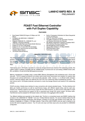 LAN91C100FD datasheet - FEAST FAST ETHERNET CONTROLLER WITH FULL DUPLEX CAPABILITY