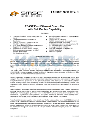 LAN91C100-FD datasheet - FEAST Fast Ethernet Controller with Full Duplex Capability