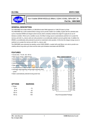 HMN1M8D-120I datasheet - Non-Volatile SRAM MODULE 8Mbit (1,024K X 8-Bit), 36Pin-DIP, 5V