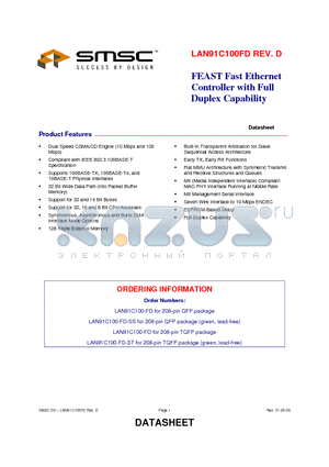 LAN91C100-FD-SS datasheet - FEAST Fast Ethernet Controller with Full Duplex Capability
