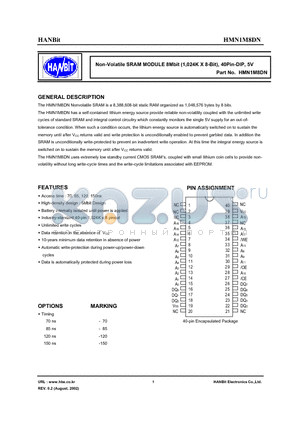 HMN1M8DN datasheet - Non-Volatile SRAM MODULE 8Mbit (1,024K X 8-Bit), 40Pin-DIP, 5V