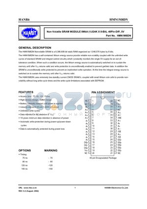 HMN1M8DN-70I datasheet - Non-Volatile SRAM MODULE 8Mbit (1,024K X 8-Bit), 40Pin-DIP, 5V
