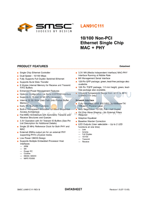 LAN91C111 datasheet - 10/100 Non-PCI Ethernet Single Chip MAC  PHY