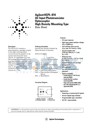 HCPL-814-00AE datasheet - AC Input Phototransistor Optocoupler High Density Mounting Type