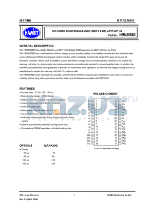 HMN2568D-120 datasheet - Non-Volatile SRAM MODULE 2Mbit (256K x 8-Bit), 32Pin-DIP, 5V