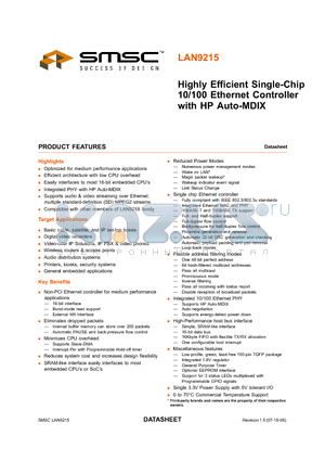 LAN9215-MT datasheet - Highly Efficient 10/100 Ethernet Controller with HP Auto-MDIX