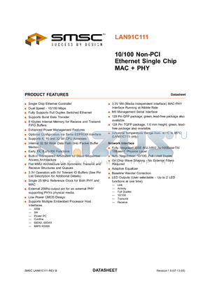 LAN91C111-NU datasheet - 10/100 Non-PCI Ethernet Single Chip MAC  PHY