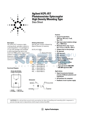 HCPL-817-00L datasheet - Phototransistor Optocoupler High Density Mounting Type