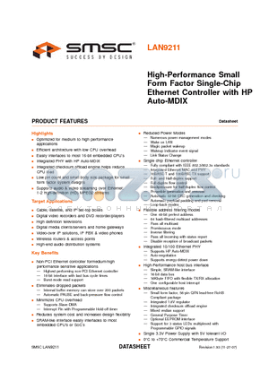 LAN9211 datasheet - High-Performance Small Form Factor Single-Chip Ethernet Controller with HP Auto-MDIX
