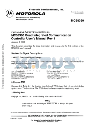 MC68040 datasheet - Errata and Added Information to MC68360 Quad Integrated Communication Controller User Manual Rev 1