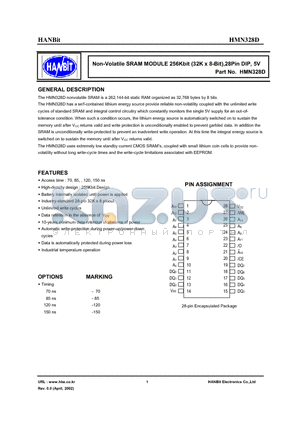 HMN328D-150I datasheet - Non-Volatile SRAM MODULE 256Kbit (32K x 8-Bit),28Pin DIP, 5V