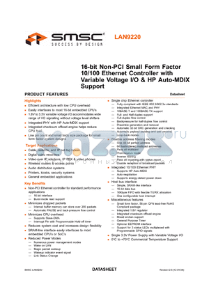 LAN9220 datasheet - 16-bit Non-PCI Small Form Factor 10/100 Ethernet Controller with Variable Voltage I/O & HP Auto-MDIX Support