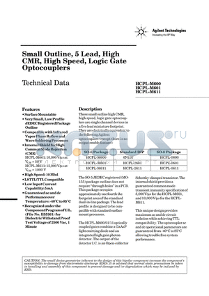 HCPL-M601 datasheet - Small Outline, 5 Lead, High CMR, High Speed, Logic Gate Optocouplers