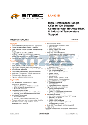 LAN9218I datasheet - High-Performance Single-Chip 10/100 Ethernet Controller with HP Auto-MDIX & Industrial Temperature Support