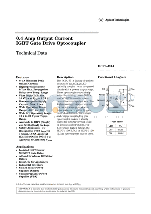 HCPL-J314-300 datasheet - 0.4 Amp Output Current IGBT Gate Drive Optocoupler