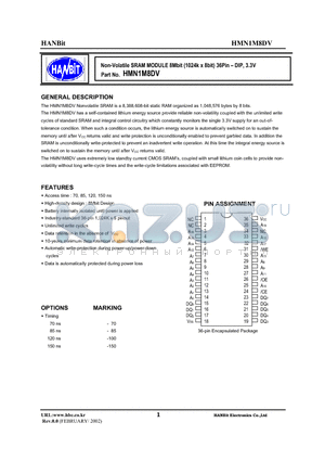 HMN1M8DV-85I datasheet - Non-Volatile SRAM MODULE 8Mbit (1024k x 8bit) 36Pin-DIP, 3.3V