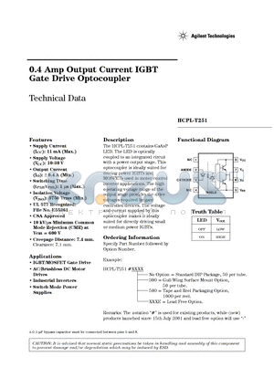 HCPL-T251-500 datasheet - 0.4AMP OUTPUT CURRENT IGBT GATE DRIVE OPTOCOUPLER