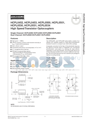 HCPL0500 datasheet - High Speed Transistor Optocouplers