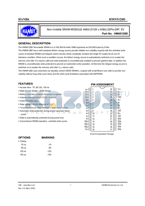 HMN5128D-120 datasheet - Non-Volatile SRAM MODULE 4Mbit (512K x 8-Bit),32Pin-DIP, 5V